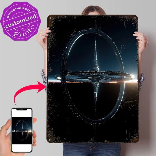 Metalen Bord Ruimtestation – Retro/vintage poster 'Planeet in baan', wanddecoratie voor garage of man cave