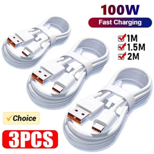Pack 3 cabos USB-C 100W 6A — carregamento rápido e cabo de dados Type-C