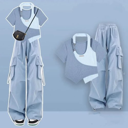 Ensemble femme été : top court halter + pantalon cargo bleu, 1 ou 2 pièces, style safari slim (2025)