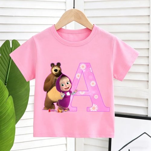 Playera infantil Masha y el Oso de algodón – manga corta para verano, estampado letras A–Z, casual, regalo lindo