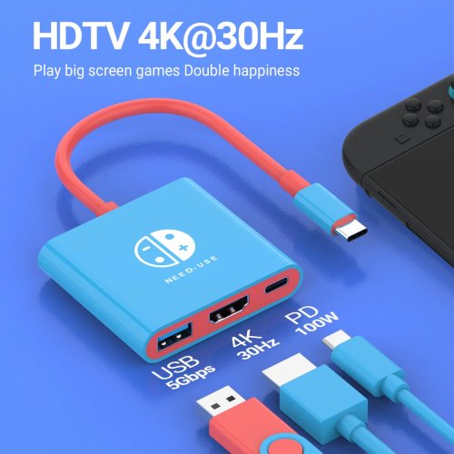 Hub USB-C 3-en-1 Type-C vers HDMI 4K avec PD 100W charge rapide et USB 3.0, station d'accueil pour MacBook, PC portable, Switch, smartphone