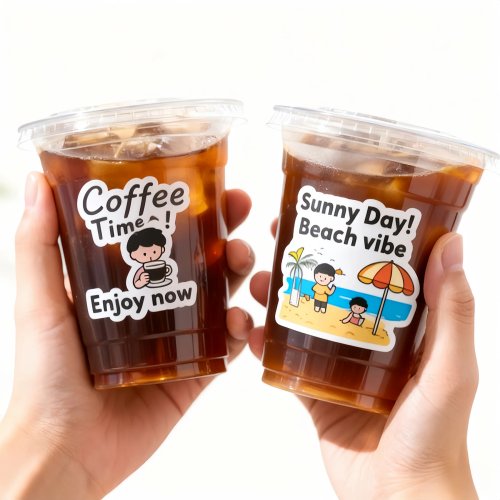 Etiquetas adhesivas personalizadas ecológicas, resistentes al calor e impermeables para vasos de bubble tea — logo y código QR imprimibles