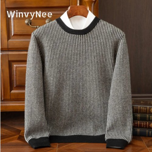 Pull homme en laine à carreaux, col rond, manches longues – style business casual