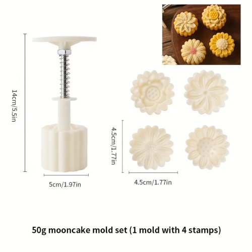 Molde para pasteles de luna (mooncake) — 4 diseños con sello floral, molde plástico de prensa manual para pasteles y galletas