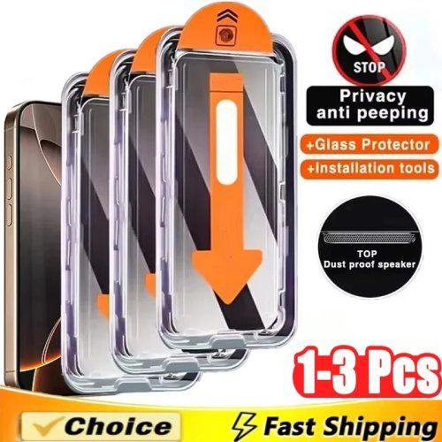 واقي شاشة خصوصية مع طلاء طارد للزيوت (oleophobic) — تركيب خالٍ من الغبار. متوافق مع iPhone 17 Pro Max، 16، 15، 14 Pro، 13، 12، 11، SE، XR، 7 (بما في ذلك Mini/16e)