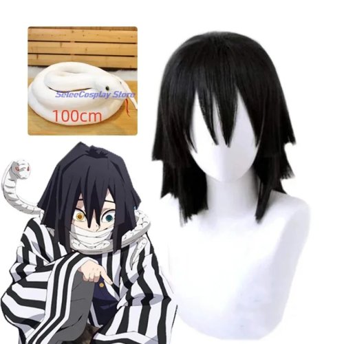Peruca cosplay Iguro Obanai com peluche de cobra branca – Kimetsu no Yaiba