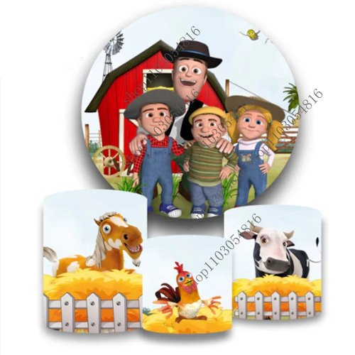Fundo fotográfico redondo La Granja de Zenón — animais da quinta. Painel circular para festa infantil / photobooth