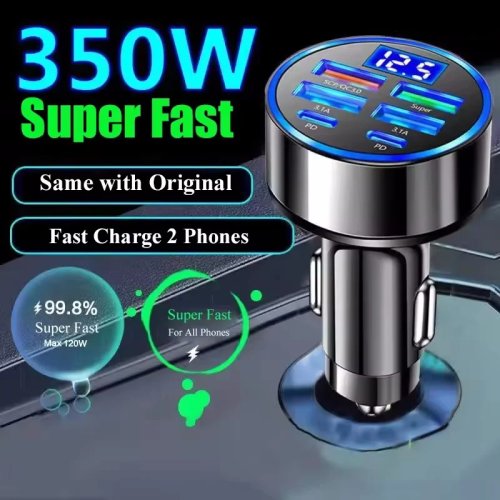 Carregador automóvel 350W USB‑C — PD e QC3.0 carregamento rápido, adaptador Type‑C para iPhone, Samsung, Huawei, Xiaomi