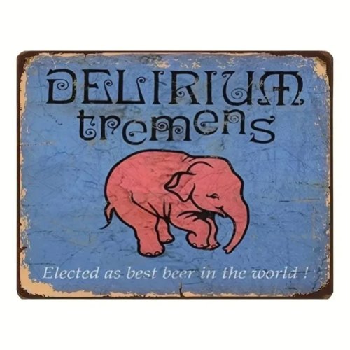 Placa metálica vintage Delirium Tremens — Cerveja belga Elefante rosa, decoração retro de parede para bar