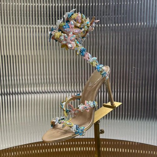 Damen High-Heels Sandaletten mit schlangenförmigem Elastikriemen und Strass-Blumen – Sommer-/Festschuhe