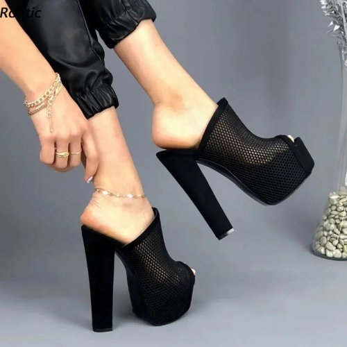 Rontic Mules plateforme femme fait main été – sandales en mesh bout ouvert, talon bloc épais, élégantes noires, tailles US 5–20