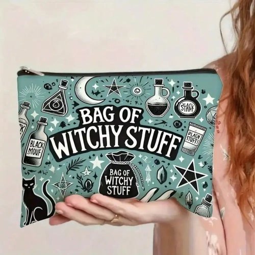 Trousse maquillage zippée motif sorcière — pochette légère pour cosmétiques et crayons, Halloween