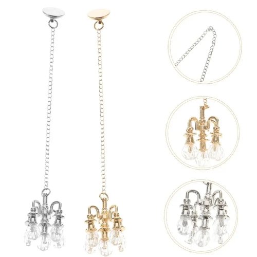 Lustre miniatura 1:12 para casa de bonecas, 5 braços, teto, dourado/prateado com cristais
