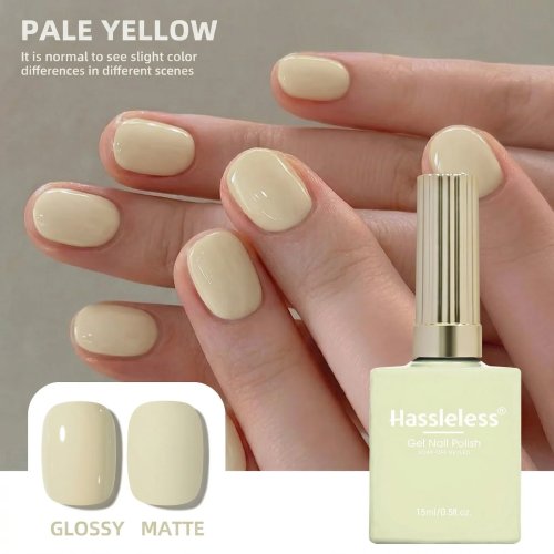 Esmalte gel soak-off Hassleless 15 ml — Amarelo pálido, cor sólida, ideal para iniciantes
