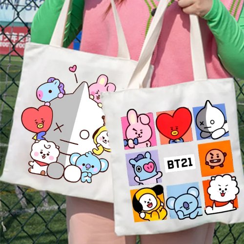 BT21 Canvas Shoulder Bag – Cooky & Tata, Kawaii Lightweight Daypack/Tote for Women & Men, Casual Shopping Pouch, Gift