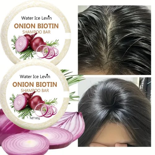 Champú Sólido Cebolla y Biotina 60 g — Hidratante y Alisador, para Todo Tipo de Cabello, con Extracto de Romero