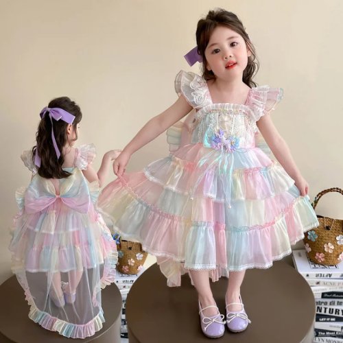 Vestido menina verão sem mangas colorido em camadas estilo princesa com véu de tule destacável