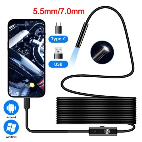 Kamera endoskop USB-C 5,5/7,0 mm IP67 tahan air, 6 LED bisa diatur, boroskop fleksibel untuk HP Android & PC