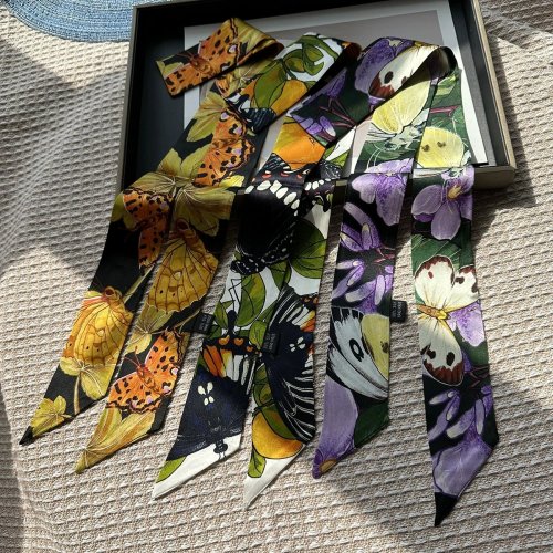 Lenço fino 100×6 cm 100% seda de amoreira – laço para cabelo e fita para mala, estampado borboletas e flores
