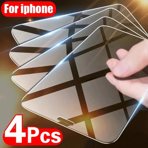 طقم 4 واقيات شاشة زجاج مقوى لهواتف iPhone (متوافق مع iPhone 6/6 Plus/7/8/SE/11/12/12 Mini/13/13 Mini/14/15/16/17/Pro/Pro Max)