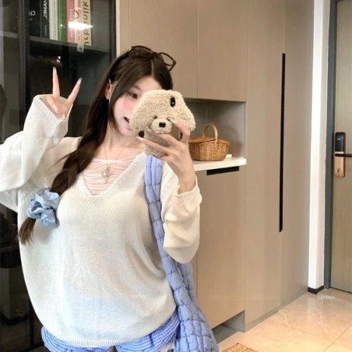 レディース 夏用 UVカット ニットトップ ゆったりシルエット Vネック 透かし編み カジュアル ウール混Tシャツ