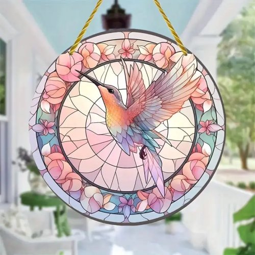 Đồ treo bắt sáng acrylic họa tiết chim ruồi, vòng hoa tròn treo cửa sổ, hiên và sân vườn
