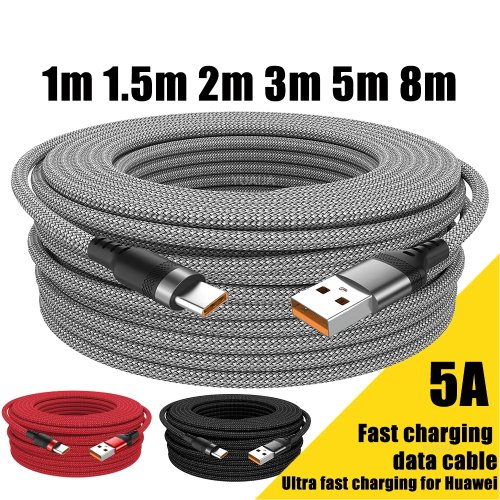 Cabo USB‑C 5A de carga super rápida para iPhone 15/16/17, Huawei, Samsung, Oppo, OnePlus — cabo de carga/extensão