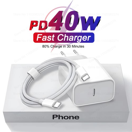 شاحن PD بقوة 40 واط USB‑C للشحن السريع مع كابل بيانات Type‑C متوافق مع iPhone 16/15/14/13/12/11 Pro/Max/Plus و iPad Air