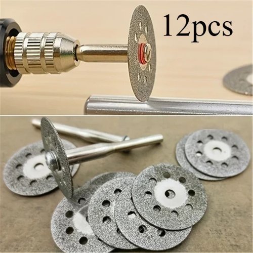 Kit 12 discos diamantados 22 mm com mandril 3 mm para ferramenta rotativa (Dremel) — corte de metal