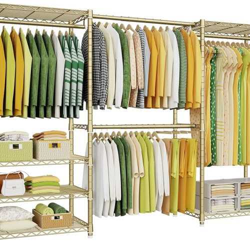 Porte-vêtements métallique réglable 6 niveaux avec 4 tringles, armoire autoportante, montage facile, finition dorée