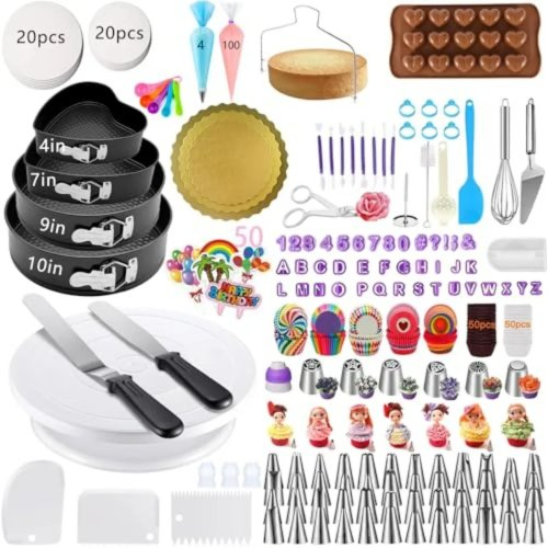 540-Piece Cake Decorating Kit – 4 Springform Pans, Rotating Turntable & Decorating Tools