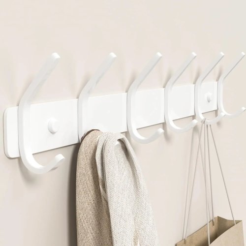 Patère murale 6 crochets, 38 cm (15") métal blanc mat – Organisateur pour entrée, salle de bain et chambre enfant