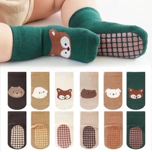 Homefish 6 Pairs Toddler Non-Slip Socks, Cute Fox & Bear Patterns — Comfortable Floor Socks for Boys & Girls