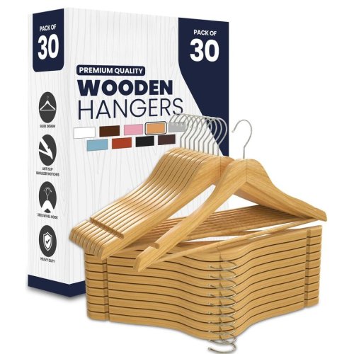 Cintres en bois premium, lot de 30 – Résistants, crochet rotatif 360° pour vêtements et manteaux