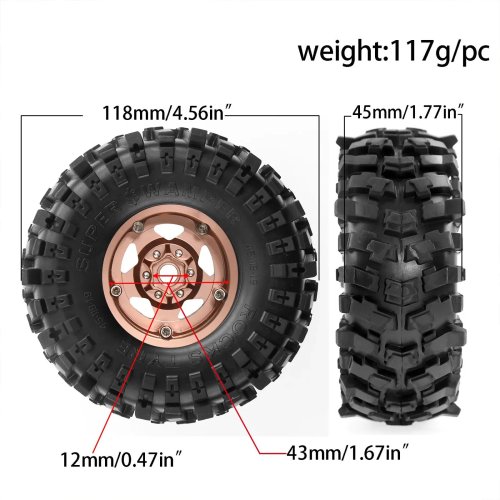 1.9인치 비드락 휠(1/10 RC 크롤러용) 블랙, 12mm 헥스, TRX6/TRX4/SCX10/D90 호환