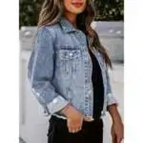 Women's Distressed Washed Denim Jacket - Single-Breasted Turn-Down Collar, Ripped Hole Streetwear Outerwear for Autumn