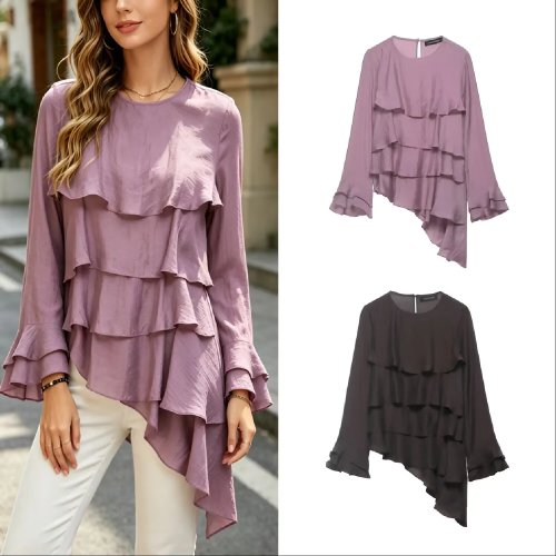 Blusa donna a balze sovrapposte, scollo tondo, orlo asimmetrico, vestibilità ampia