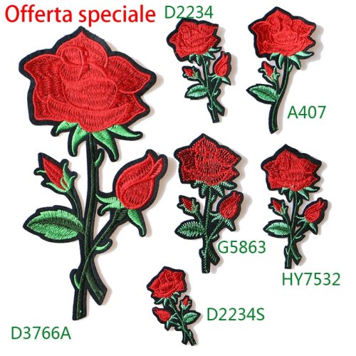 Embroidered rose with leaves iron-on patch for clothing — DIY floral badge