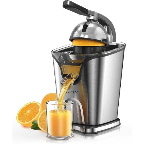 Espremedor elétrico de citrinos 150W, aço inox, dois cones, motor silencioso, peças removíveis — para laranjas, limões, limas e toranjas
