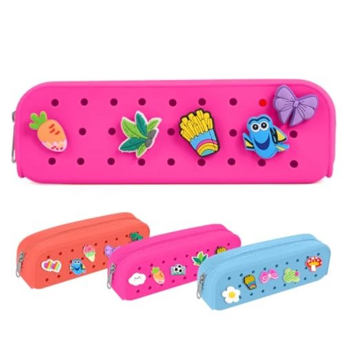 Trousse à crayons en silicone petite et mignonne, trous pour personnaliser + 10 breloques décoratifs, légère et spacieuse