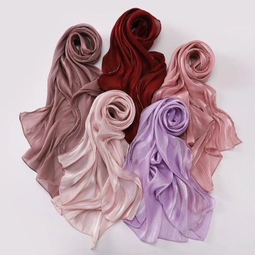 Grand foulard en soie/chiffon uni de haute qualité, long et doux, léger, protection solaire, imprimé chaîne dorée — idéal pour le Ramadan et l'extérieur