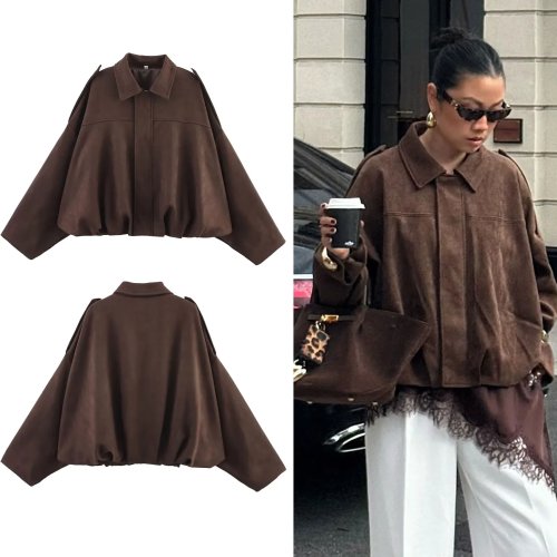 Women's suede-look oversized coat/jacket — long batwing sleeves, lapel collar and zip, vintage street winter style