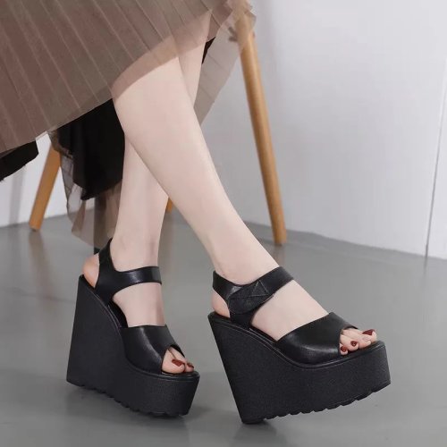 Sandales femme en cuir à plateforme, talon 14 cm, semelle antidérapante