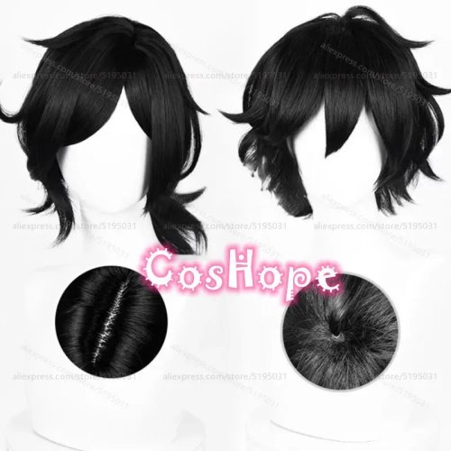 Peluca cosplay corta negra Andy y Leyley, sintética resistente al calor (unisex)