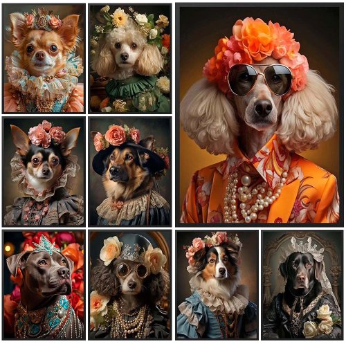 Toile déco : portrait femme et chien amusant — impression vintage animalière pour salon, toile non encadrée