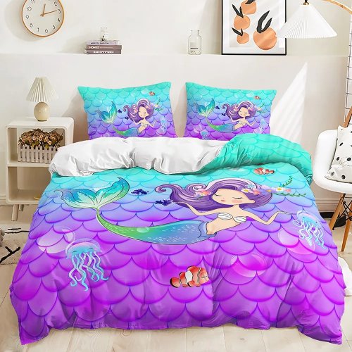 Rainbow Mermaid Bedding Set - Polyester Duvet Cover & Pillowcase Set, Single/Twin/Full/Queen - For Girls & Women