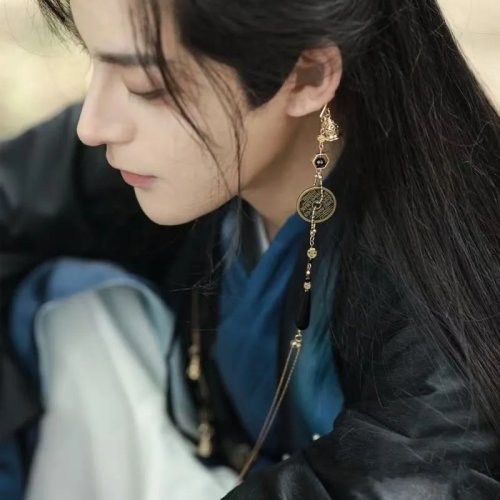 Pendientes largos con moneda china antigua y borla, estilo Han, unisex — accesorio para Hanfu