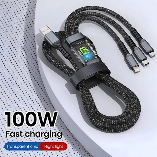 كابل 3 في 1 USB‑A بقوة 100 واط شحن سريع — Micro USB / USB‑C / Lightning لهواتف iPhone و Samsung و Xiaomi و Huawei