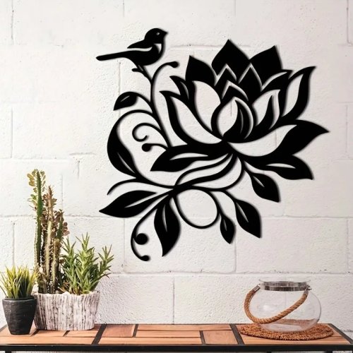 Décor mural en métal bohème lotus et oiseau noir et blanc – Ornement en fer élégant pour salon et chambre, cadeau idéal pour la fête des mères