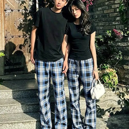Pantalon homme à carreaux bleu été – style rétro américain, coupe droite CleanFit légèrement évasée, casual/sport